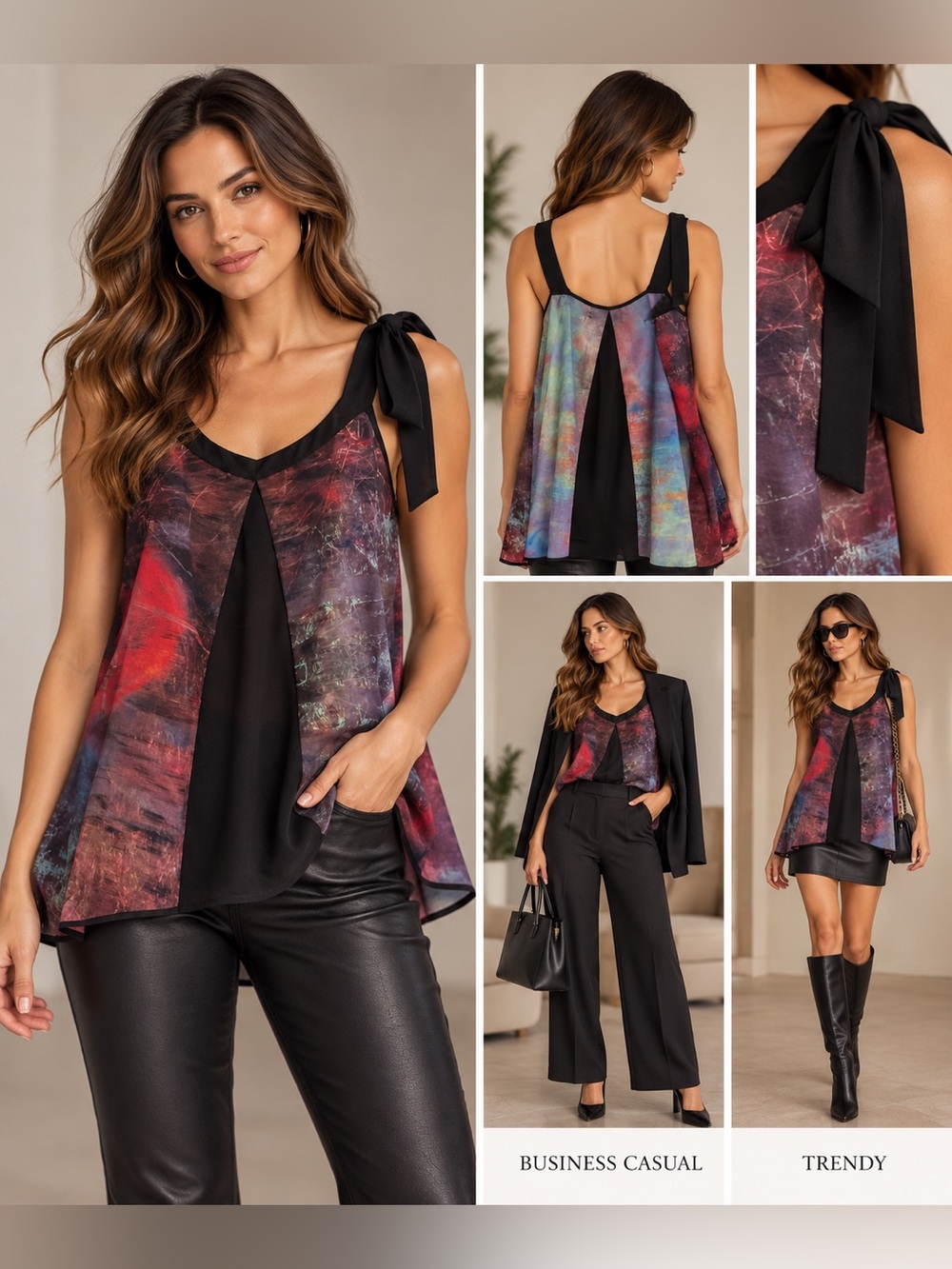 NWT! PJK Patterson J. Kincaid Black Multicolor Tie-Shoulder Cami, Small